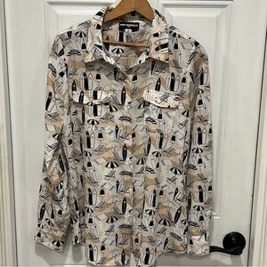 Karl Lagerfeld Paris Beach Print Button Down Shirt Womens Sz Medium